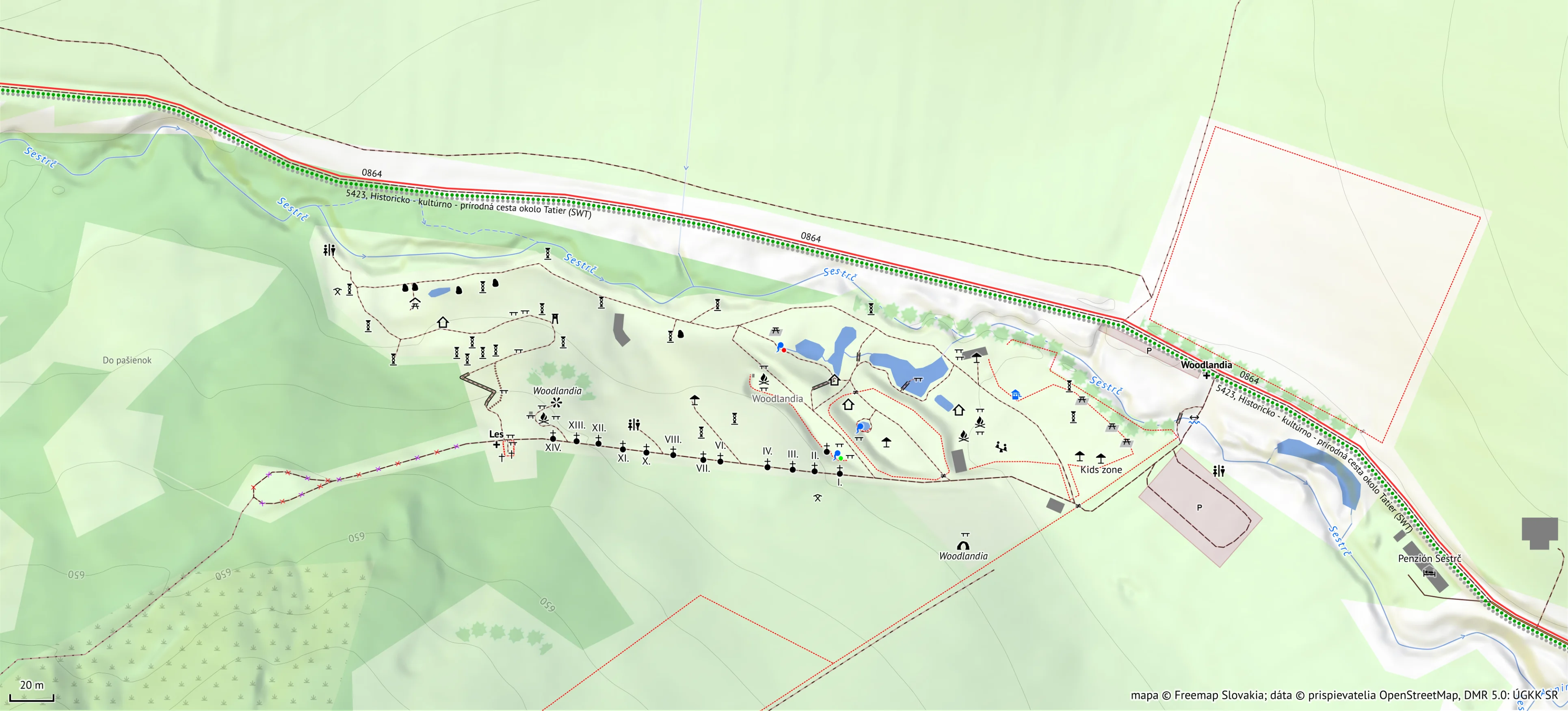 Mapa areálu Woodlandia — reálna trasa zaznamenaná návštevníkom, mapový podklad Freemap Slovakia